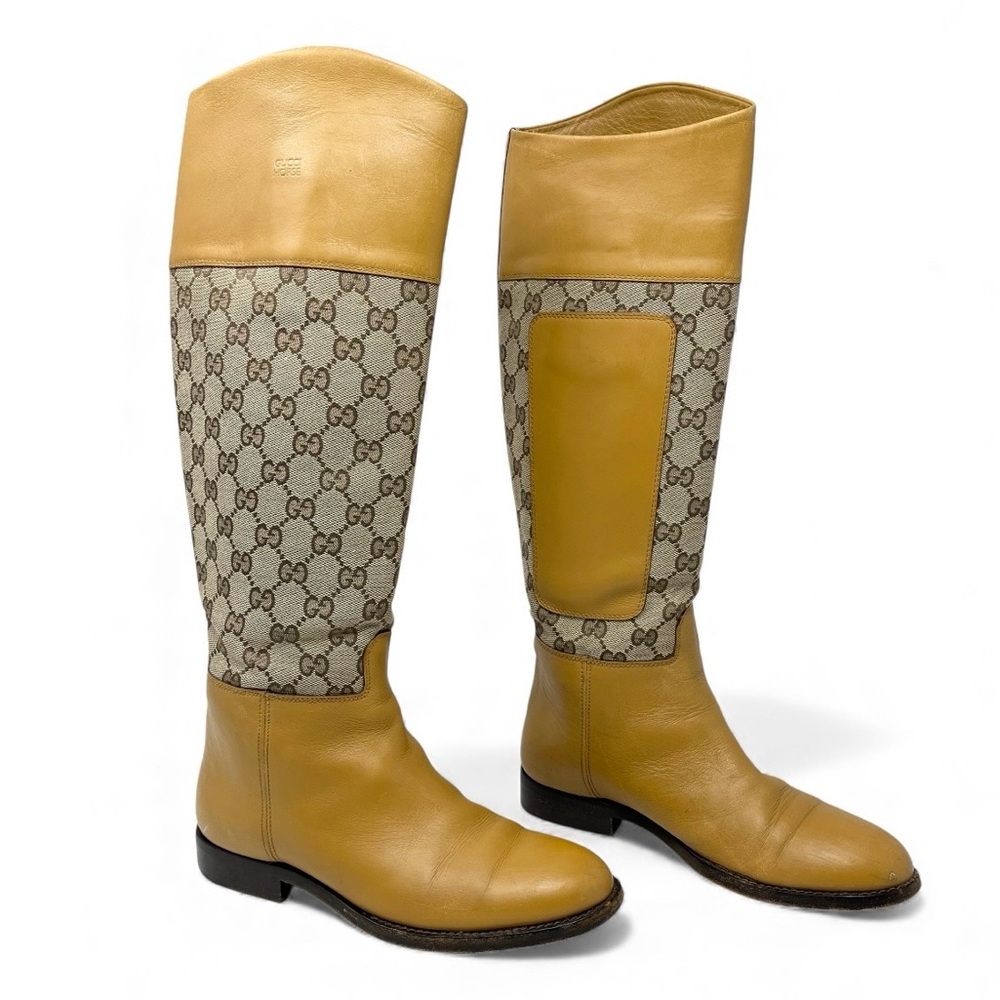 RARE Vintage Gucci GG Logo Monogram Tall Riding Boots Tan Brown Canvas 37.5 7.5 - Picture 12 of 12